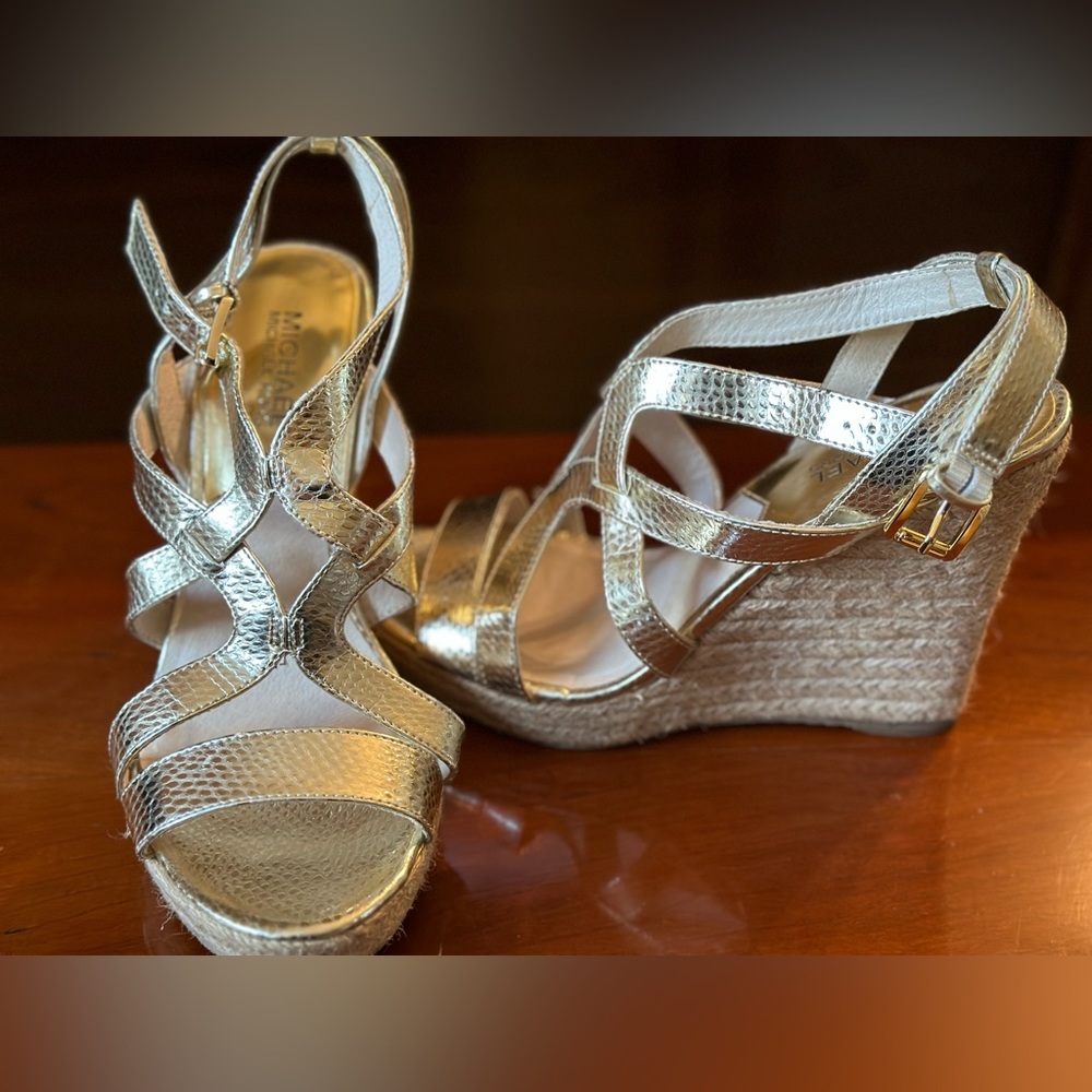 Michael Kors Gold Wedge Sandals, Size 8.5.